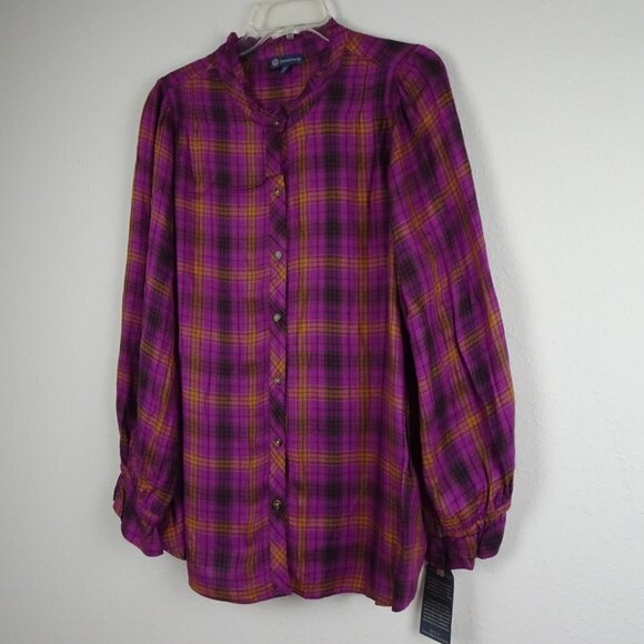 Democracy Ruffle Neck Shirt Blouse Plus Women's Plus Size 2X Purple Plaid - Picture 4 of 9